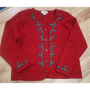 Vtg Tally Ho Red Holly Christmas Cardigan Sweater Women XL Button Front grannyco